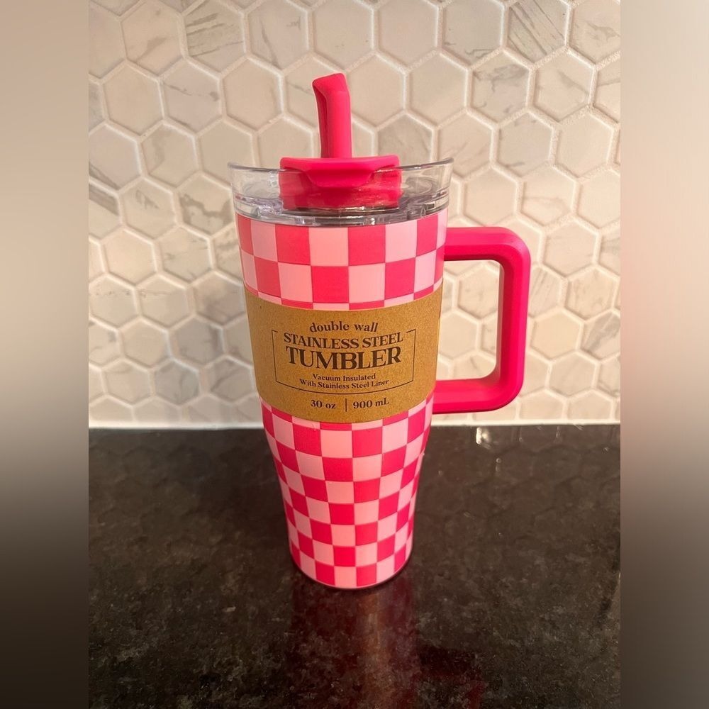 40oz Pink‎ Checked Tumbler with Straw